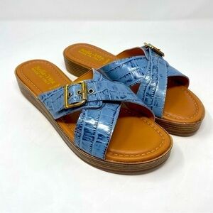 Nib Bella Vita Con-Italy Platform Leather Slide Denim Croc Sandal